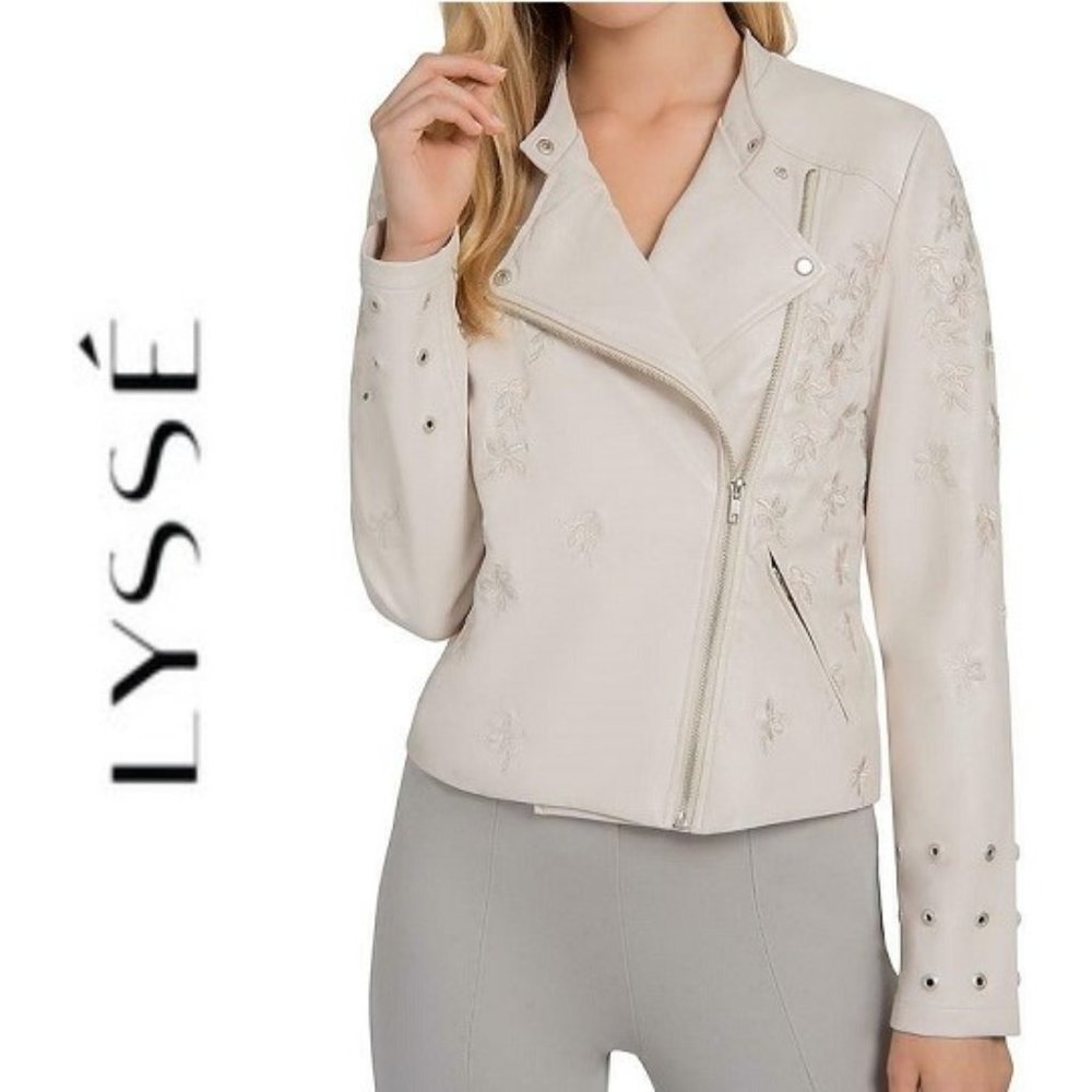 LYSSE Embroidered Vegan Leather Moto Jacket Coat
